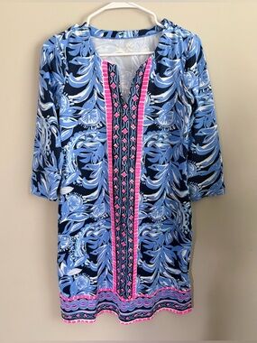 Lilly Pulitzer Navy and Light Blue Floral Midi Dress with Pink Trim